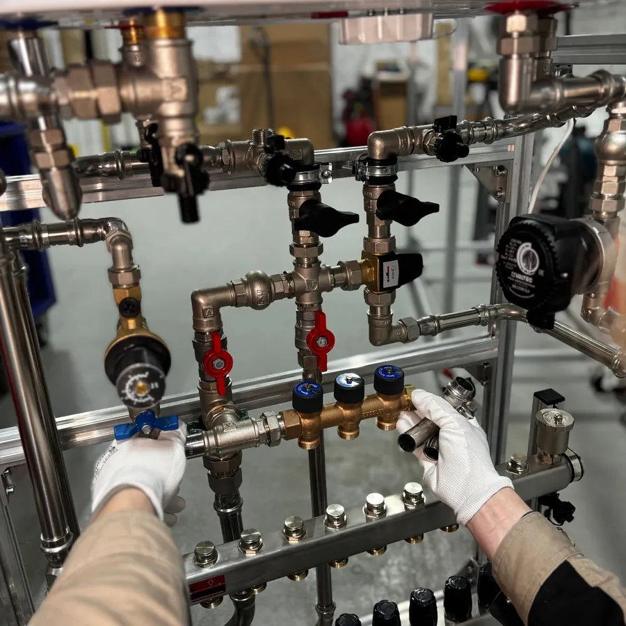 Valves and gauges on a heating manifold